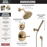 Vista 4 de Delta Saylor Sistema de ducha dorado cepillado de 3 ajustes, incluye cabezal de ducha, ducha de mano, mango de ducha, desviador de ducha y kit