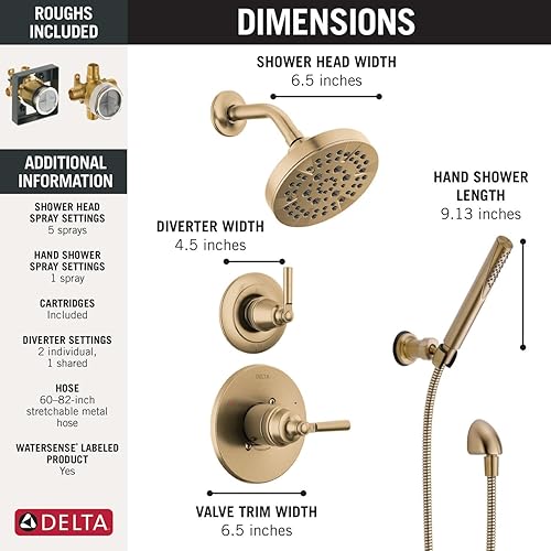 Miniatura 4 de Delta Saylor Sistema de ducha dorado cepillado de 3 ajustes, incluye cabezal de ducha, ducha de mano, mango de ducha, desviador de ducha y kit de