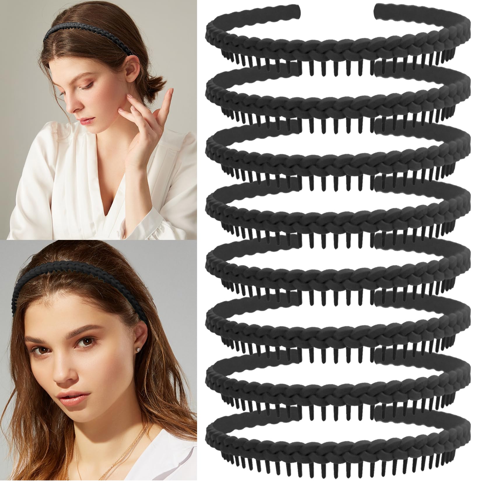 LAPOHI 8 Pieces Non Slip Fashion Effortless Plastic Headbands with Teeth, Black Headbands Comb Skinny Hair Bands for Women Men Teen Girls