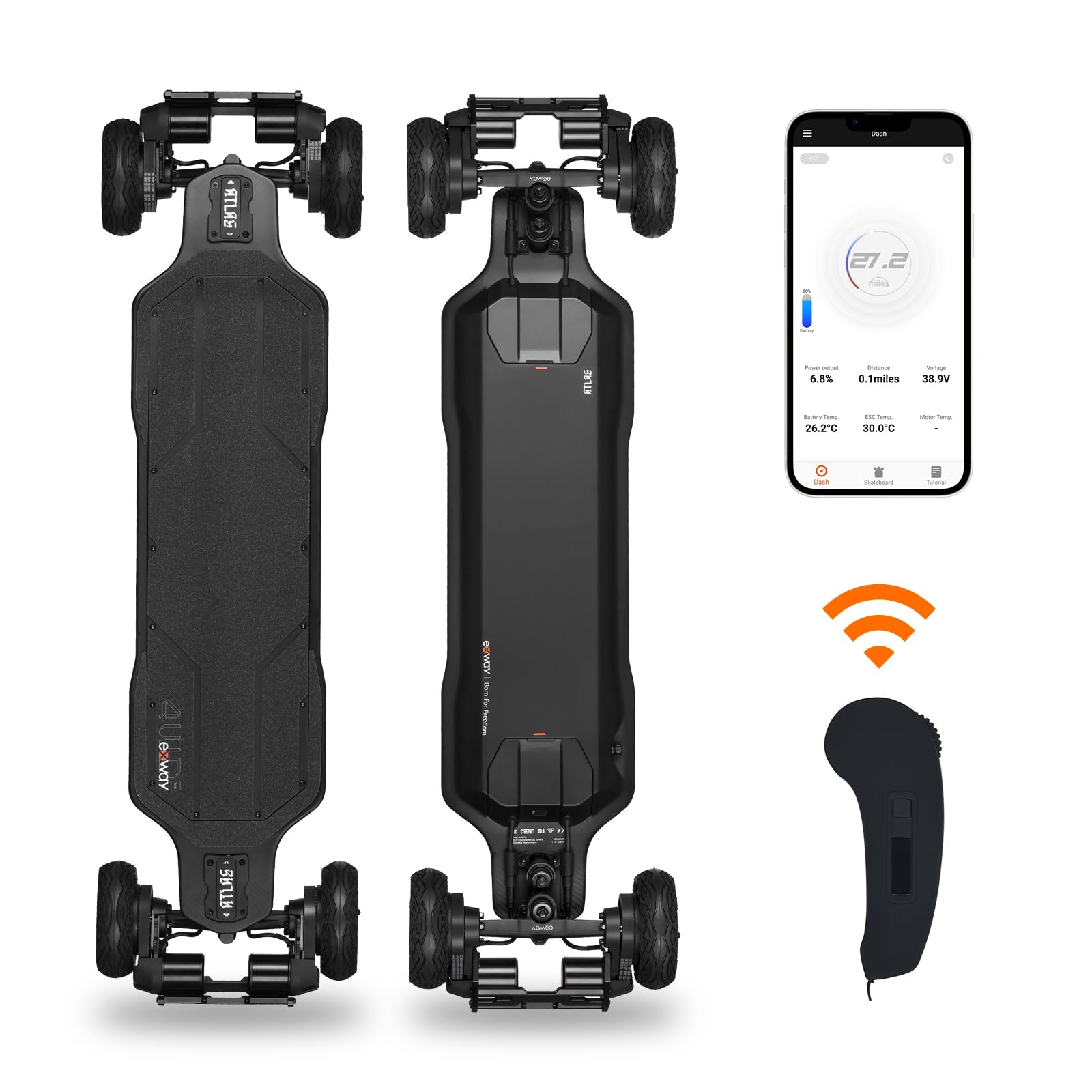 Exway Atlas Carbon-4WD ALL-TERRAIN Electric Skateboards, ALL-WEATHER PNEUMATIC TIRES, Top Speed of 31 Mph, 18miles Range, IP55 Waterproof, 780 LBS Max Load, Electric Longboard for Adults