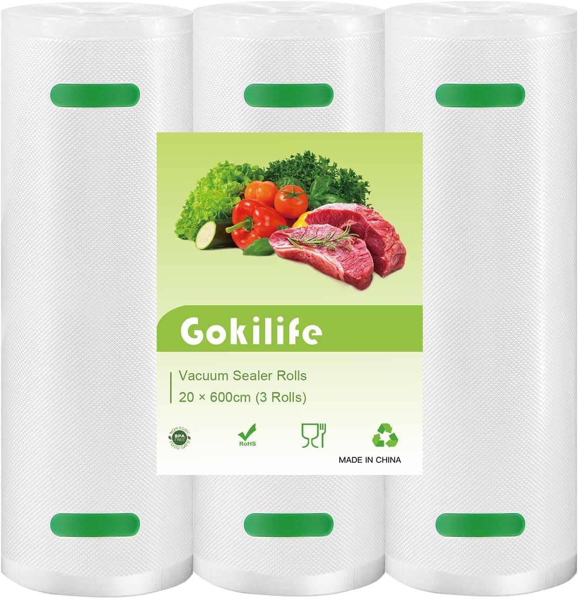 Gokilife Vacuum Sealer Bags Rolls - 3 Rolls 20 x 600 cm Sous Vide Bags, BPA Free, Durable Commercial Customized Size Food Bags for Food Storage and Sous Vide Cooking