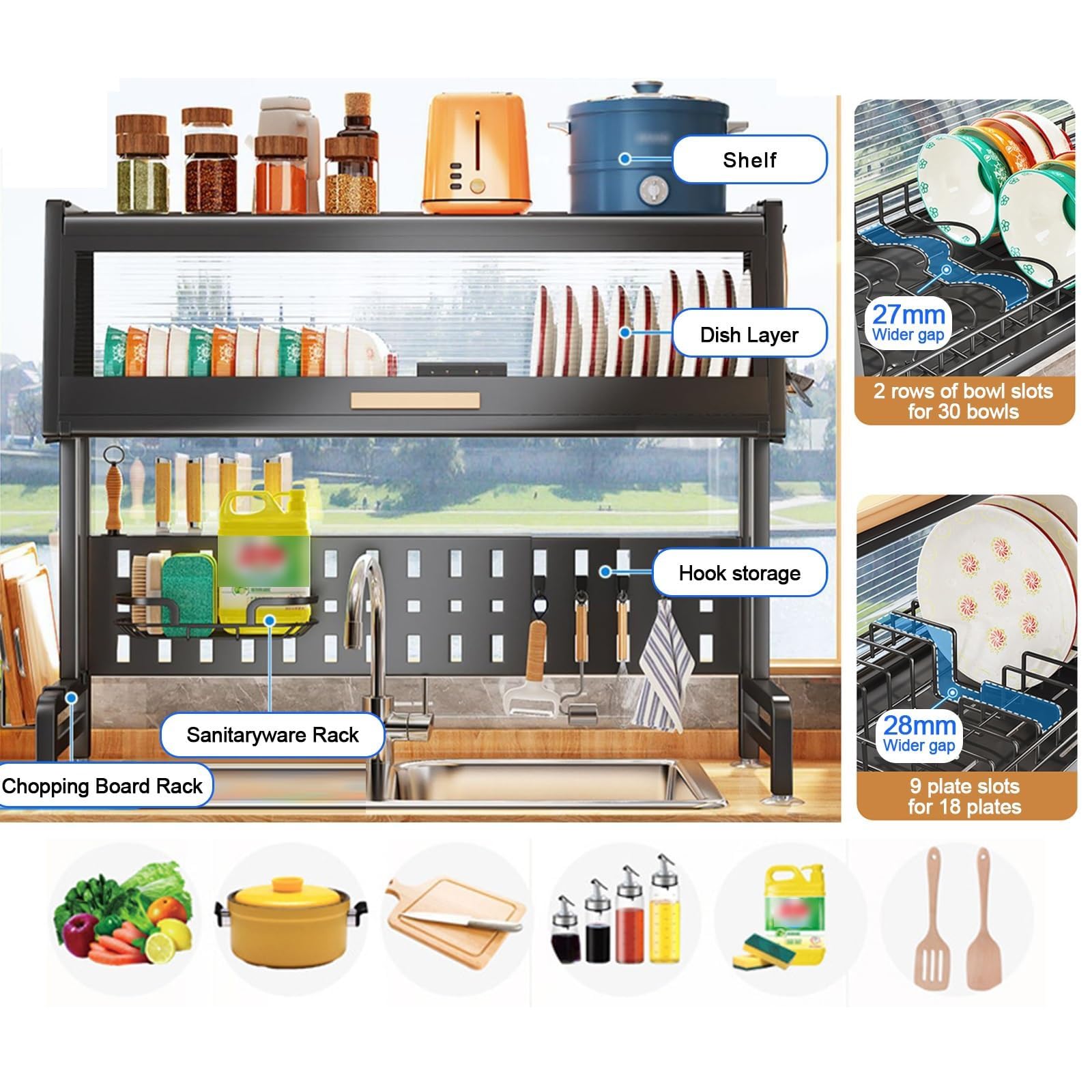 Escurreplatos de Fregadero, 2 Niveles Acero Inoxidable Estante Expandible Escurreplatos de Cocina Ajustable para Organizador de Encimera de Cocina