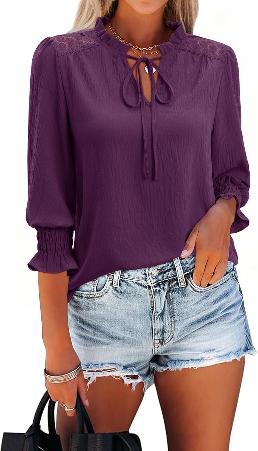 siliteelon Blouses for Women Dressy Casual 3/4 Length Sleeve Womens Tops Ruffle Collar Tie Front Lace Cute Spring Summer