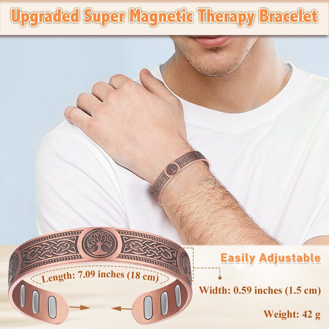 Copper Bracelet for Men, with Powerful 9X 5000 Gauss Magnets, Adjustable Solid Pure Copper (Viking Lotus Life Tree)