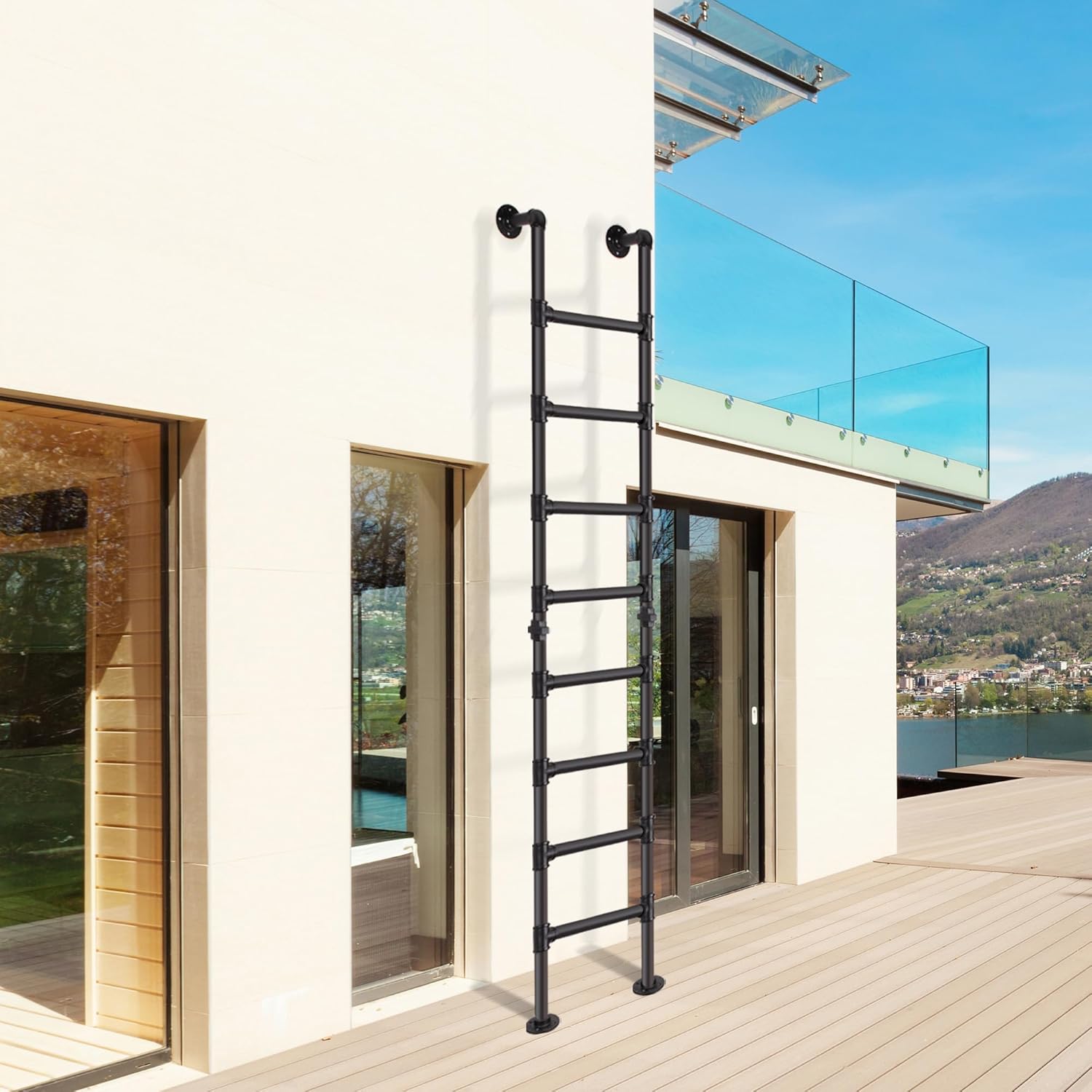 5.6FT/170cm Ladder for Bunk Bed, 5-Step Wall Floor Mounted Metal Loft Step Ladder, 330lbs Heavy-Duty Load Capacity, Indoor Outdoor Use for Home Window Well Egress, Basement, High Entrance Attic