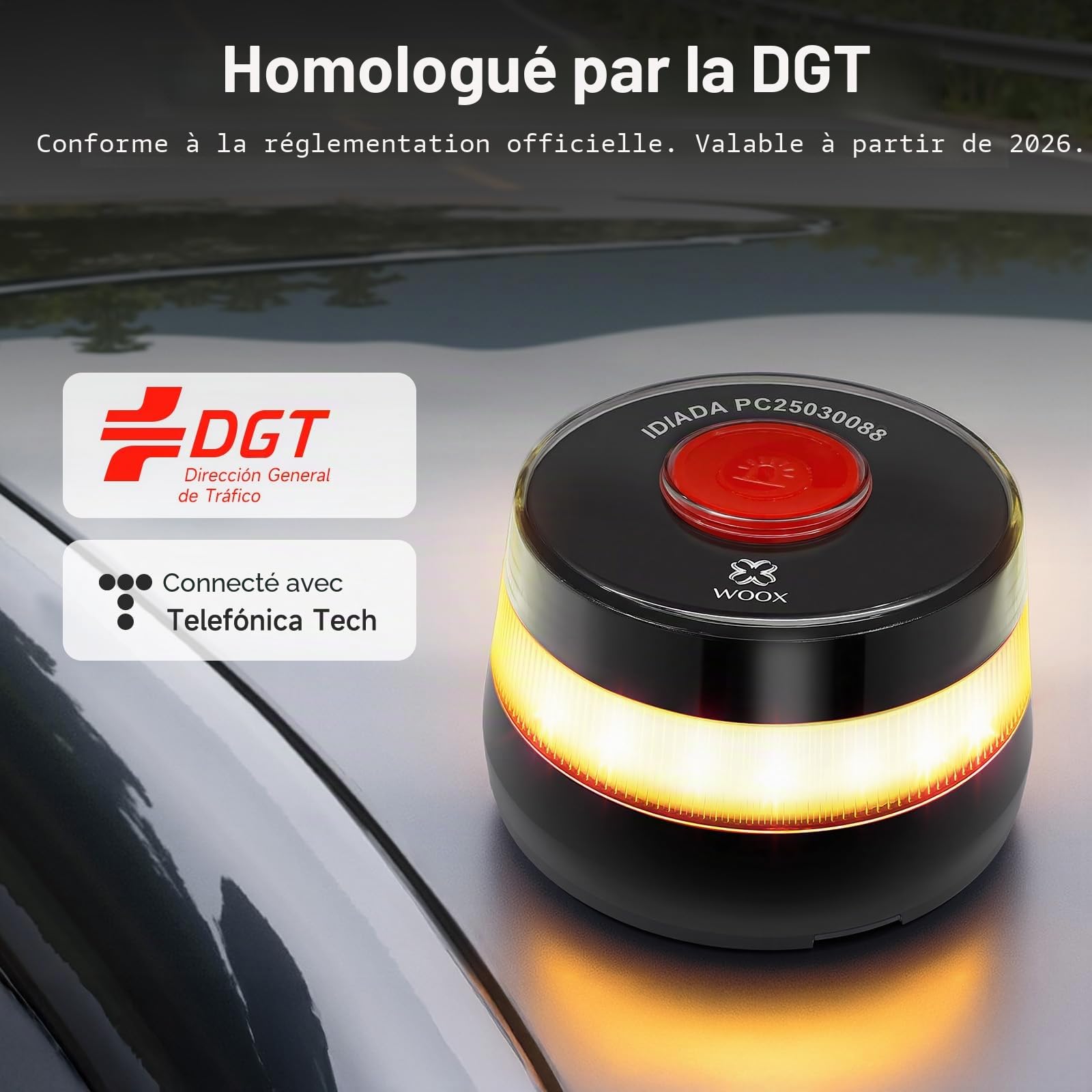 Woox Balise V16 homologuée DGT avec géolocalisation, lumière d'urgence pour Voiture homologuée avec SIM et données gratuites Jusqu'en 2038, certifié DGT 3.0, IP54, sans Applications ni abonnements
