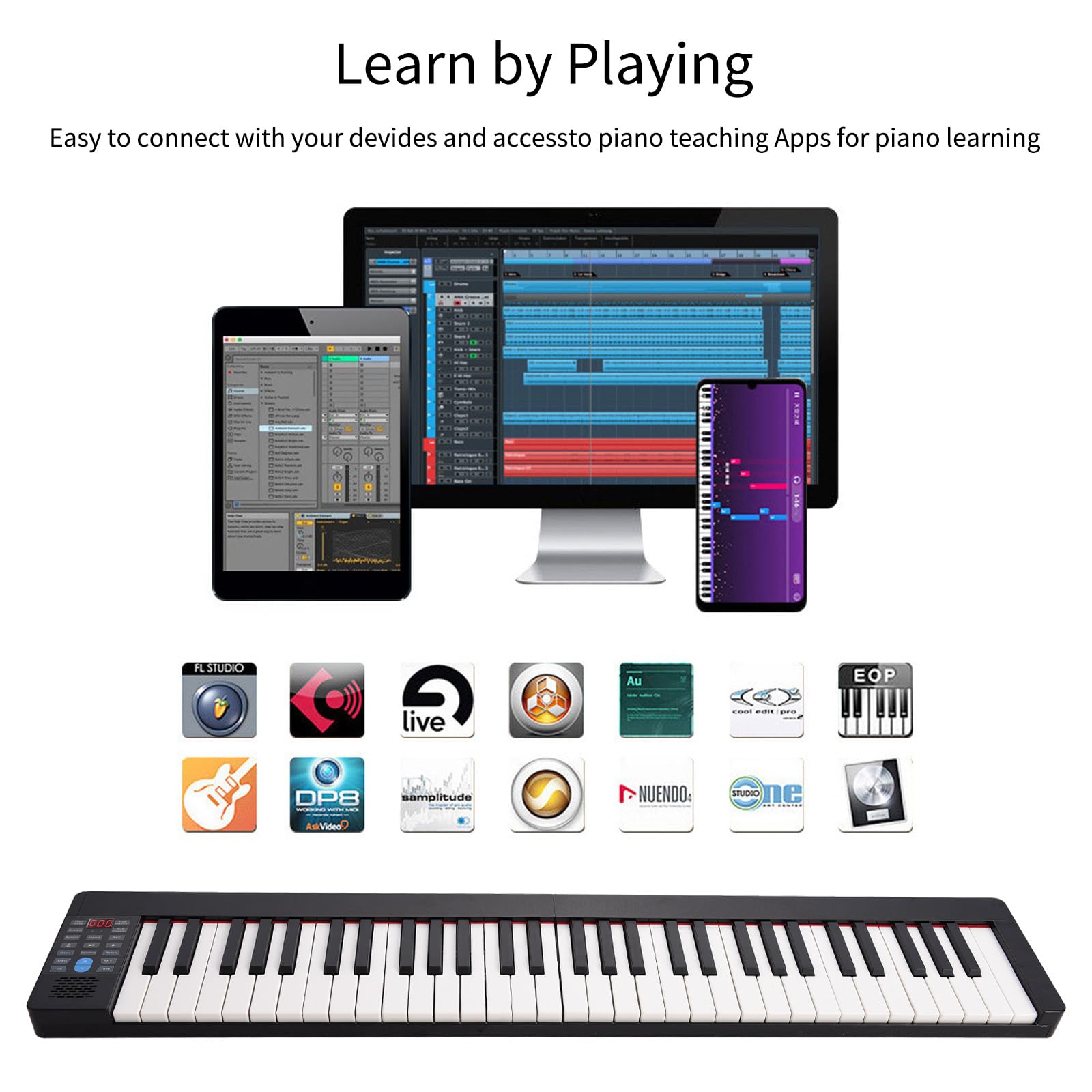 Piano electrónico plegable de 61 teclas Órgano electrónico multifuncional Piano digital plegable Teclado de piano sensible de 61 teclas con pantalla LCD Batería recargable incorporada Conectivi