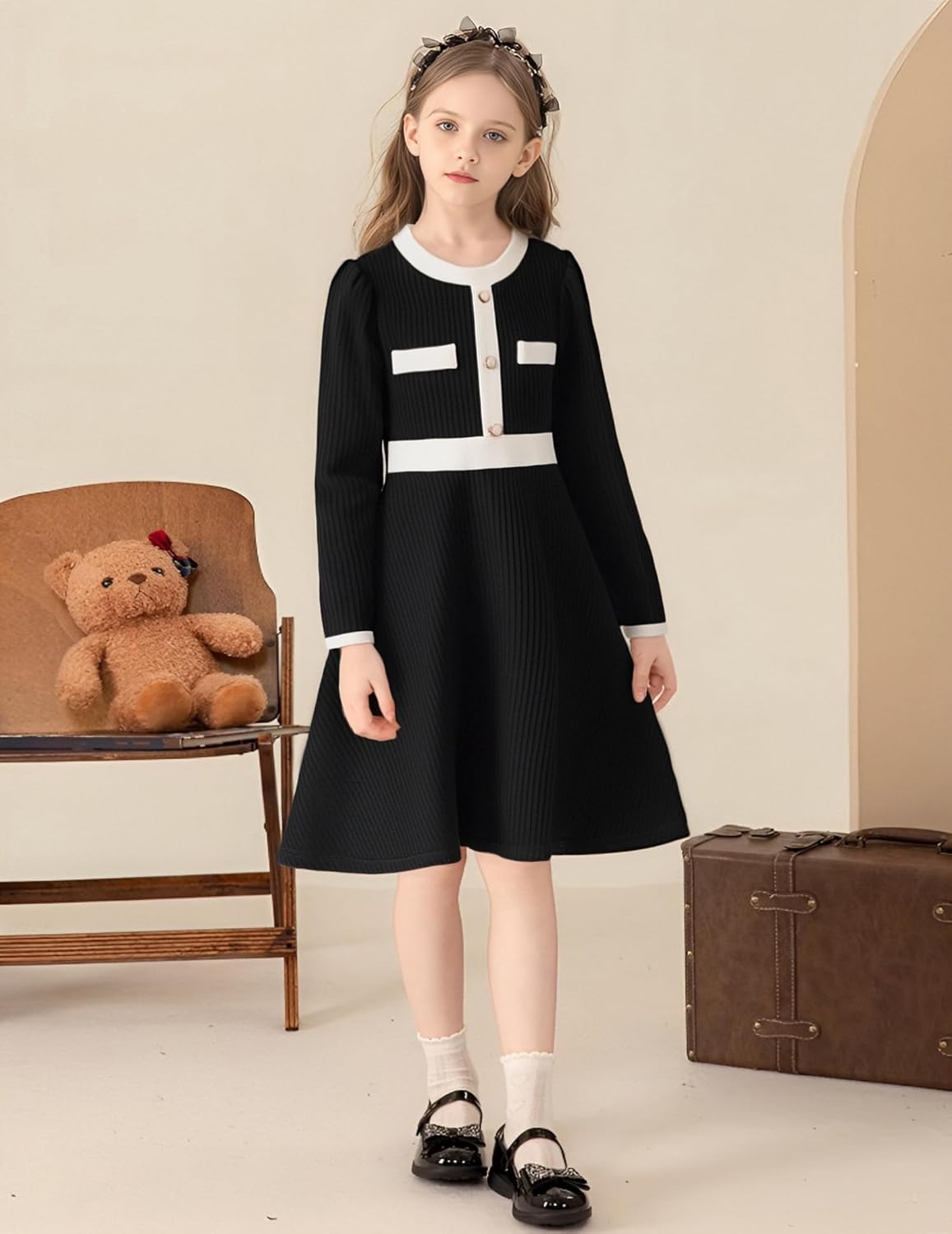 Girls Dress Fall Dress Long Sleeve Button Color Block Winter Casual Party Dresses 5-14Y - Image 3