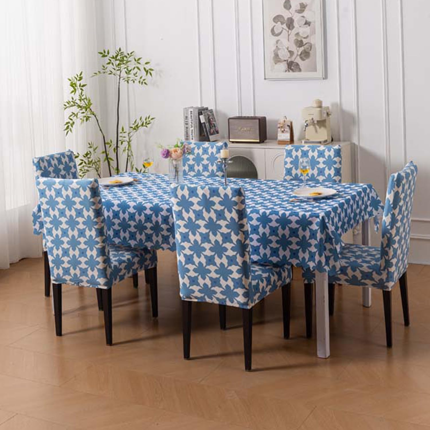 House of Quirk Dining Table Cover Waterproof with 6 Chair Covers for Kitchen Dining Table Cloth Dust and Oil Repellent (Indigo Motif, 1 Table Cover + 6 Chair Cover)