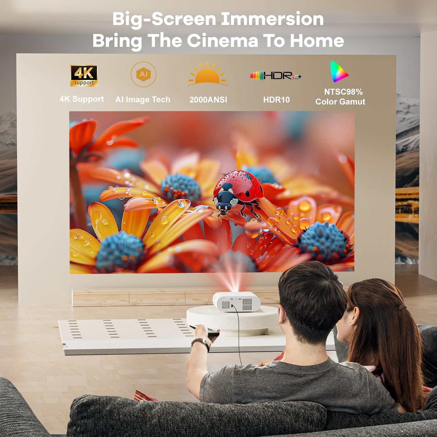 Projector-4K Built-in Google TV|2000 ANSI|Auto Lens Cap&4D Keystone|Auto Focus|Voice Control Smart Portable Projector with WiFi6 and Bluetooth, Sovboi Outdoor Projector for Steamin...