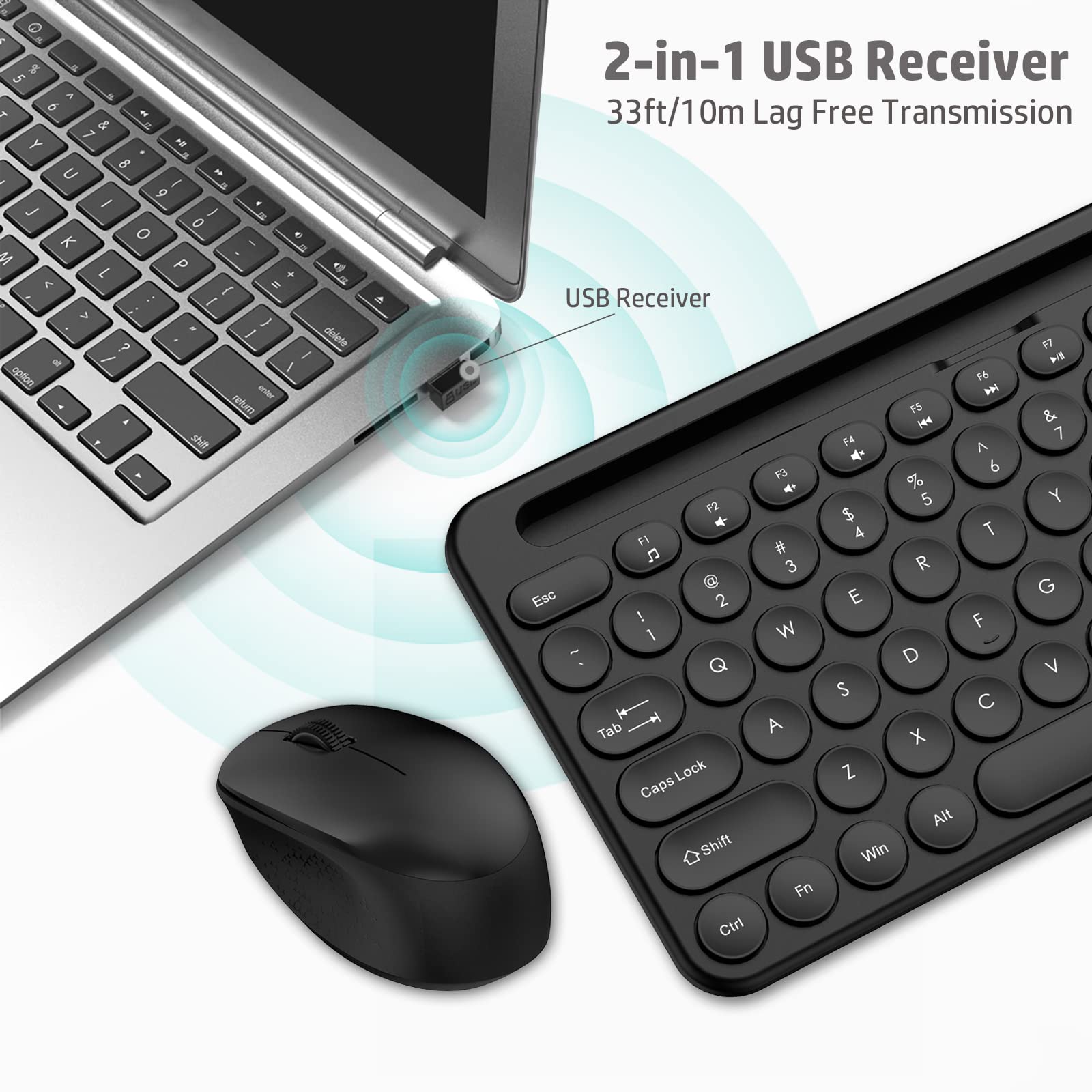 Wireless Keyboard and Mouse Combo with Phone and Tablet Holder, LeadsaiL Wireless USB Mouse and Computer Keyboard Set, Full-Sized and Silent for Windows Laptop, Desktop, PC-Black