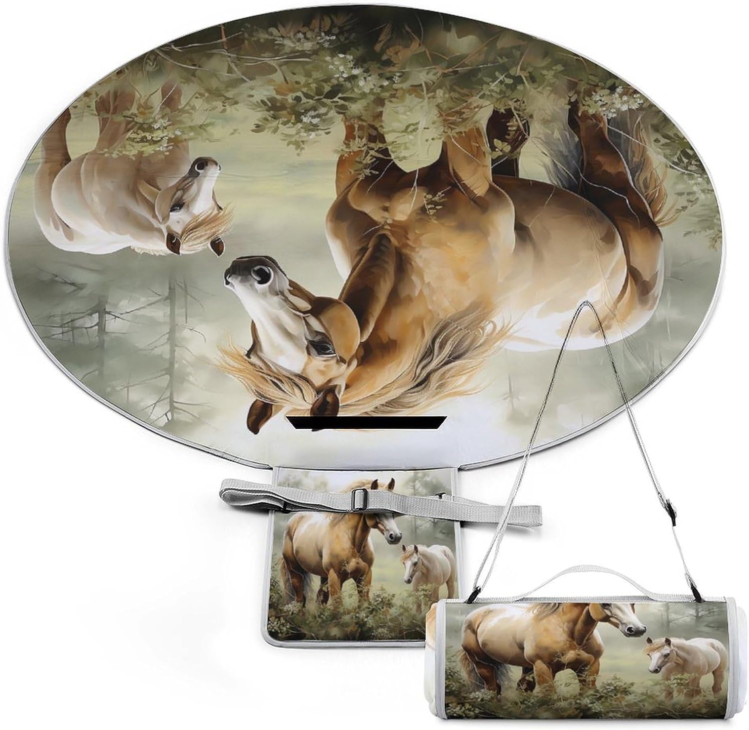Animals Embroidery Paintings Horses Round Outdoor Picnic Mat Foldable Waterproof Beach Camping Blanket Outdoor Rug with Sponge Padding