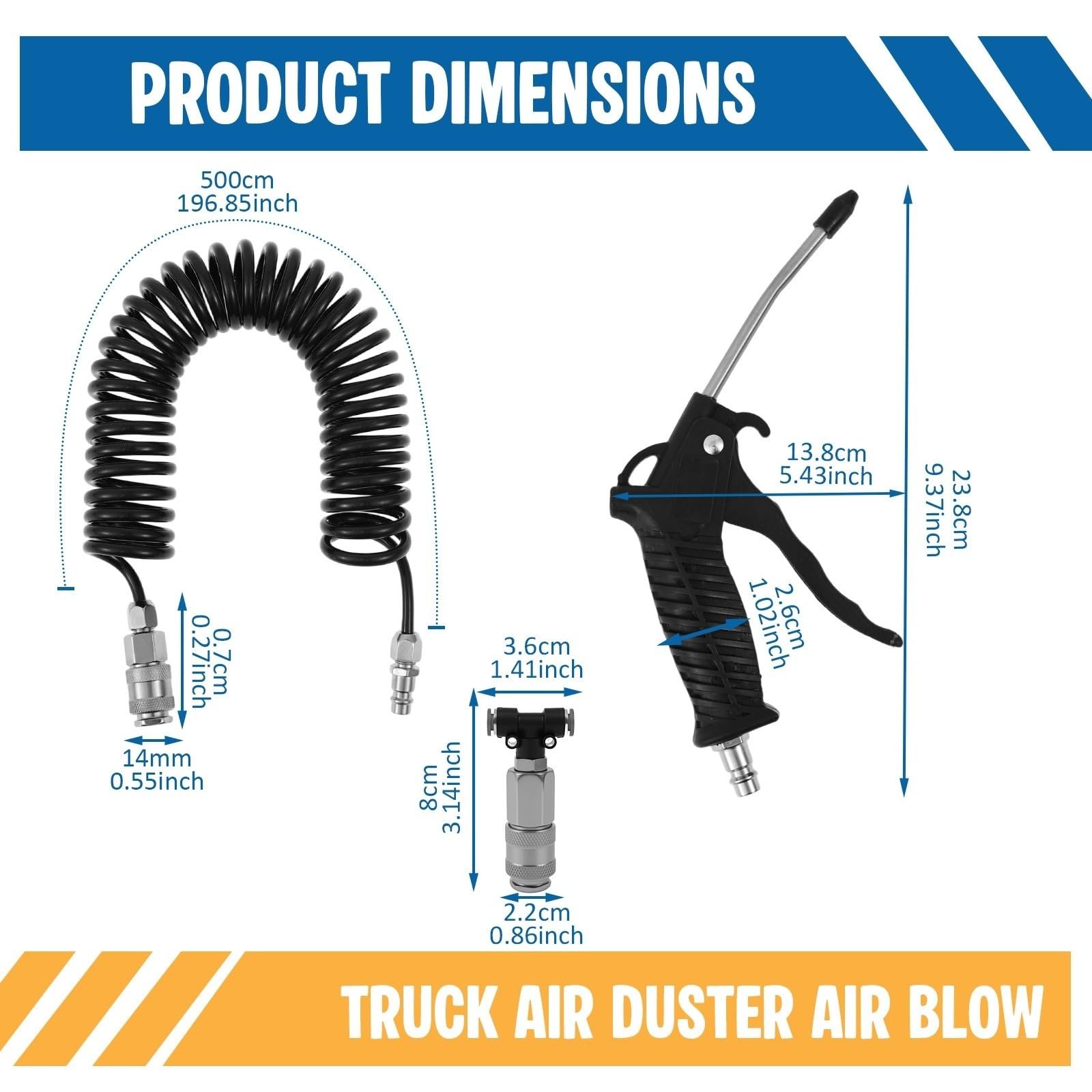Air Blow Gun Kit With 16ft Long 8mm OD Coil PU Air Hose Air Duster Blow Gun With T Piece Quick Coupling For Truck Car Boat(Black)