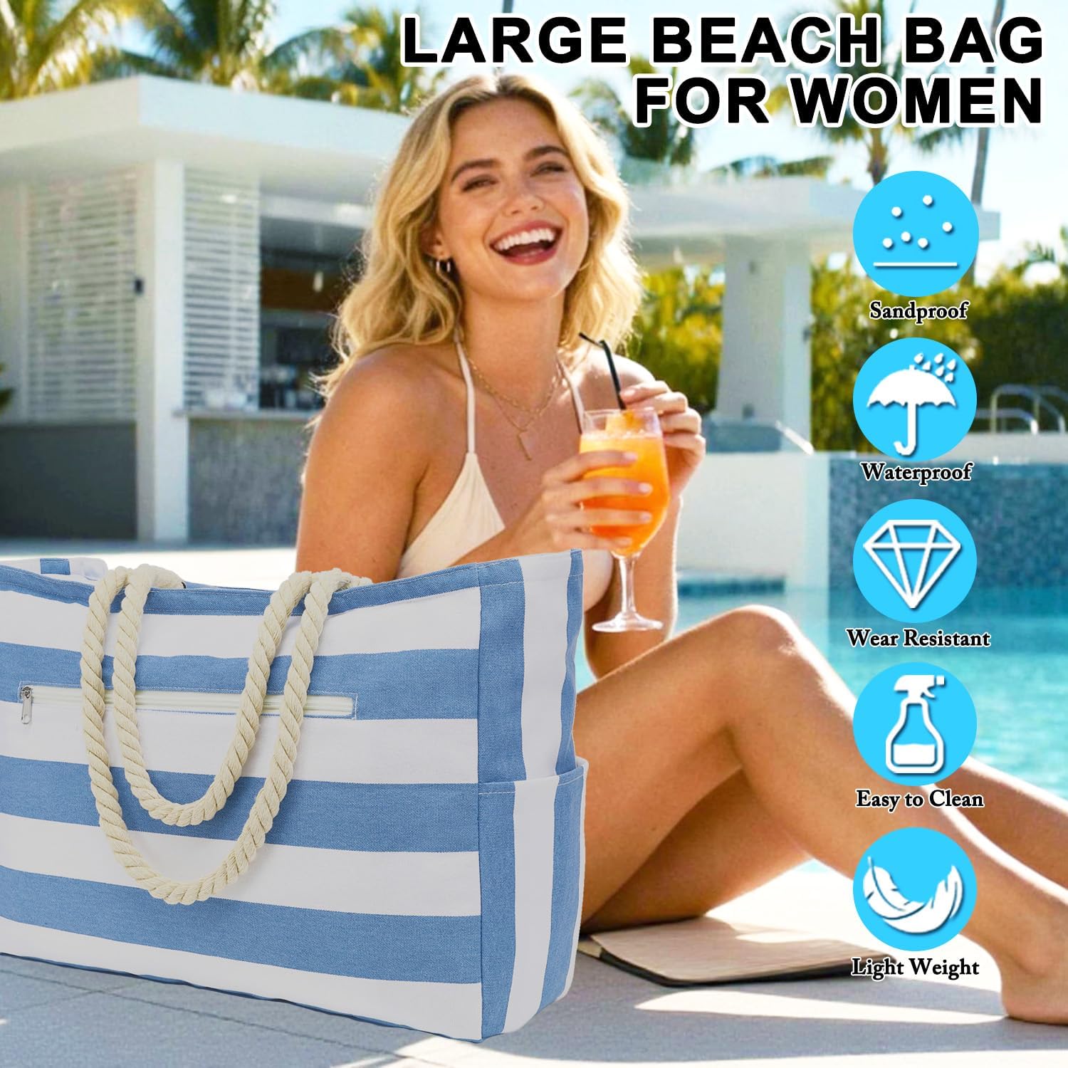 Large Canvas Beach Bag for Women, Beach Bags Waterproof Sandproof with Zipper & Wet Bag Cruise Essentials - Image 7