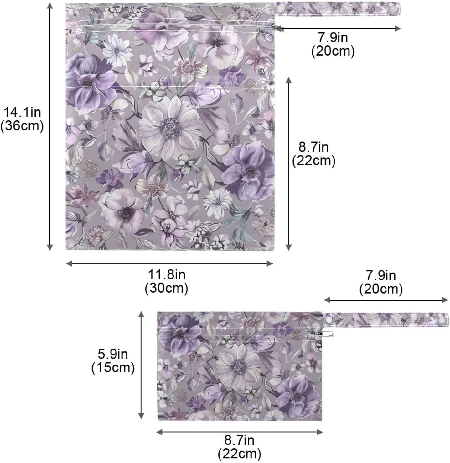 Purple Grey Florals Boho mess-proof wet clothes bag 2 Pack wet bag for swimsuit with handles for baby diapers, yoga