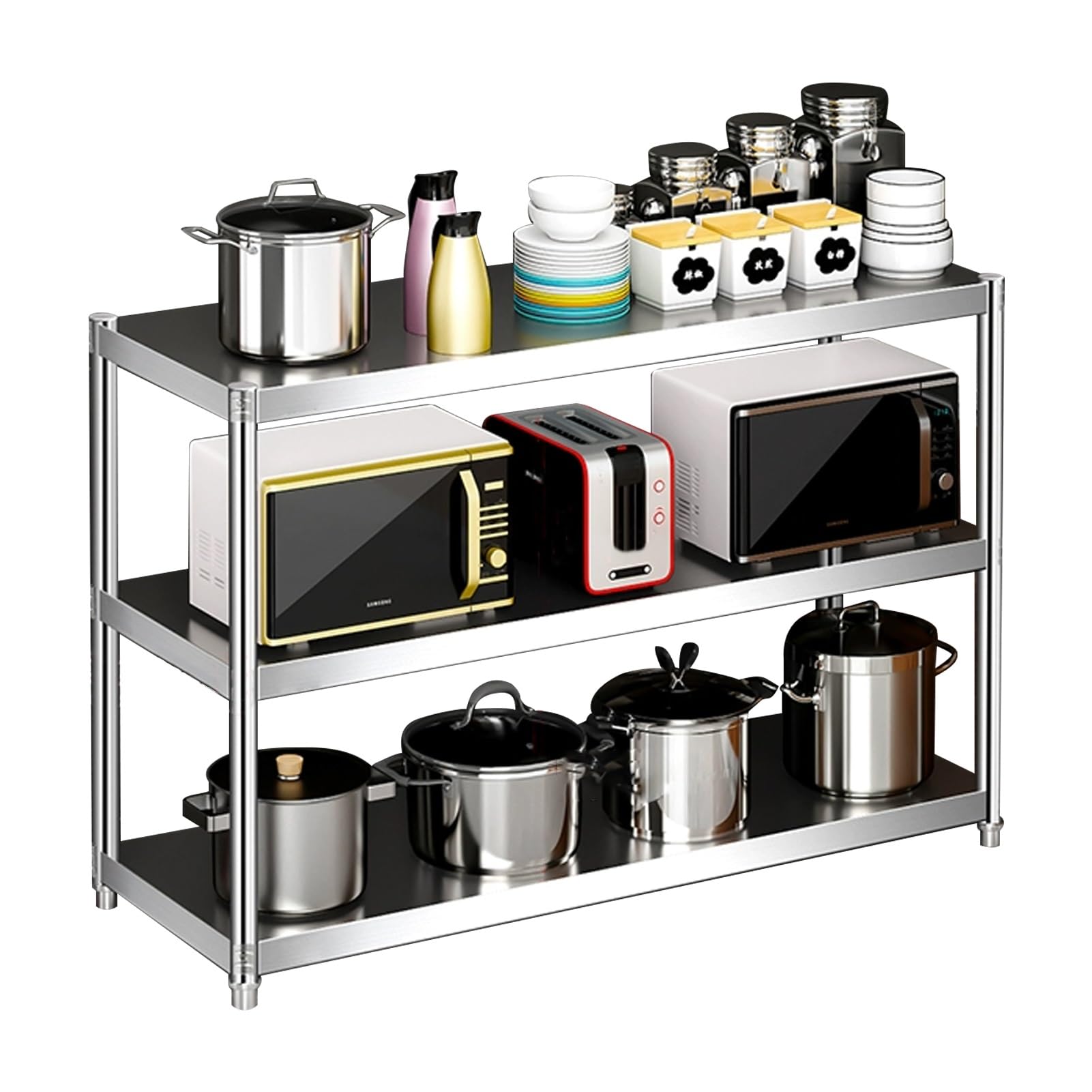 Scaffale resistente in acciaio inox a 3 ripiani in metallo, scaffale da cucina per forno a microonde e pentole, per mense e ristoranti (90 x 50 x 80 cm)