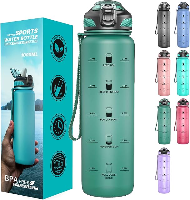 Taspire 1 Litre Time Marked Water Bottle with Straw, Leakproof BPA-free Tritan Water Bottle with Time Markings, Motivational Water Bottle with Times to Drink (Dark Green)