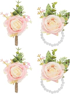 PATIKIL 4 Stück Rose Handgelenk-Korsage und Anstecker-Set Hellrosa