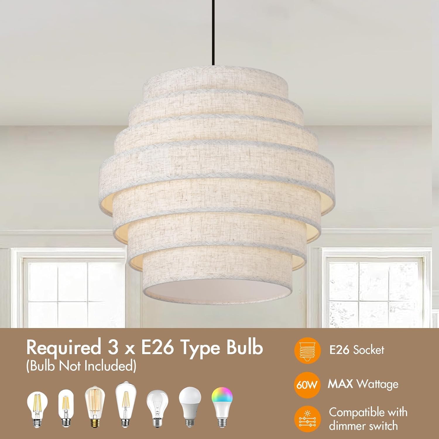 16 Inch Modern Chandelier with Tiered Linen Drum Shade – Hanging Pendant Light Fixture for Dining Room, Kitchen Island, Farmhouse Table, Living Room, Entryway, Ceiling Mount Lamp