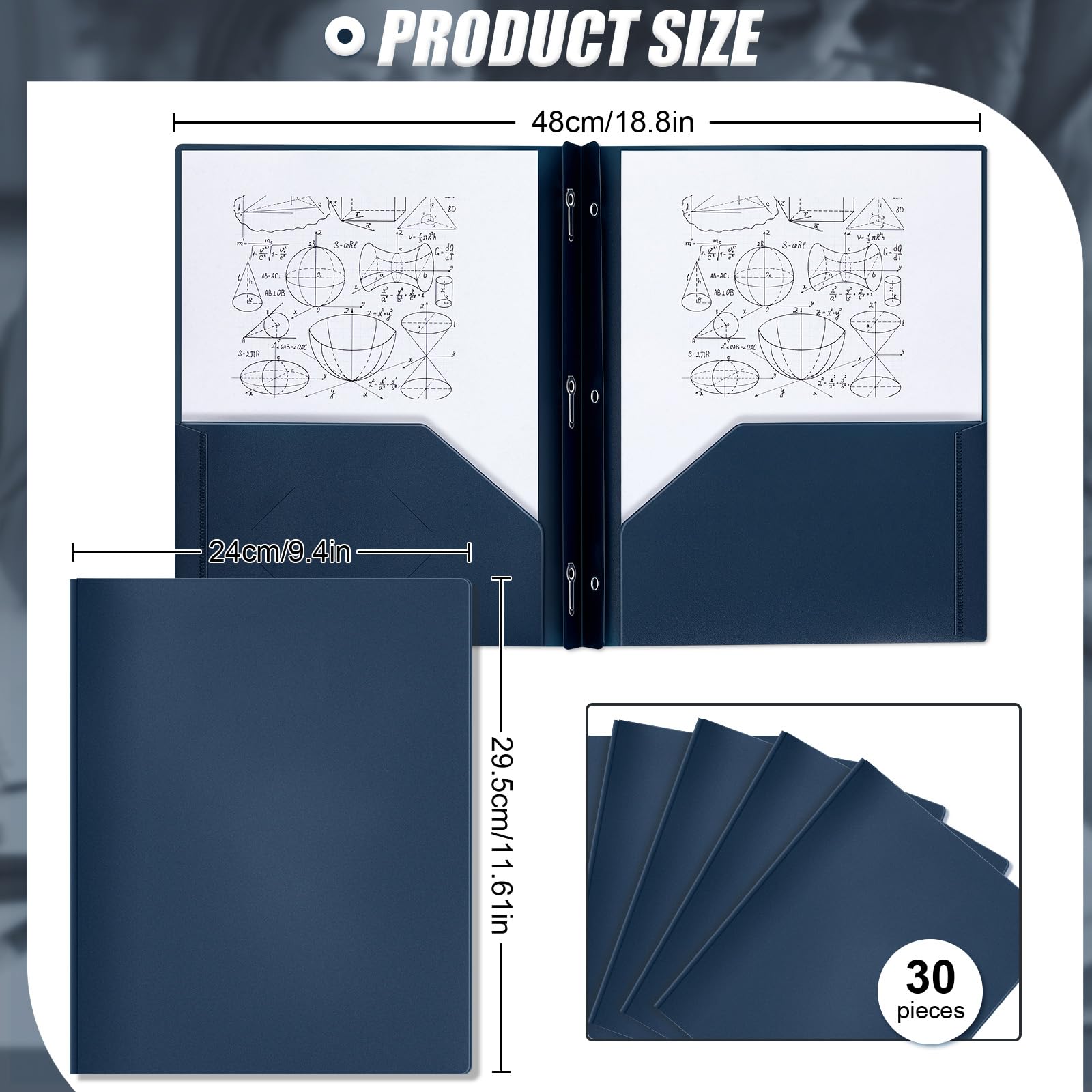 Yeaqee Cartelle in plastica con tasche e rebbi in plastica con 2 tasche per ufficio, scuola per studenti, insegnanti, impiegati (blu navy, 30 pezzi)