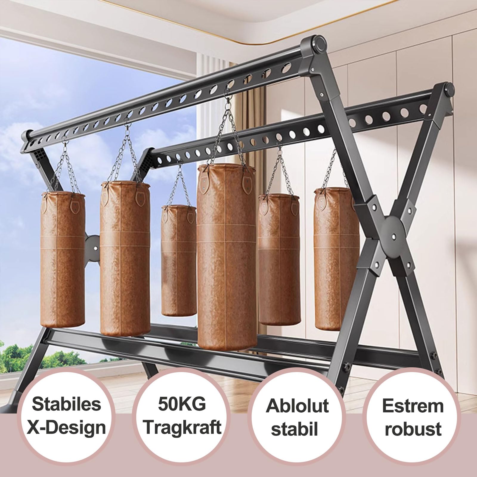 Wäscheständer Ausziehbar, Aluminium-Wäschespinne Camping, Faltbarer Kleiderbügel, Verstellbarer Kleiderständer für Waschküche, Schlafzimmer, Wäscheständer Balkon, Schwarz