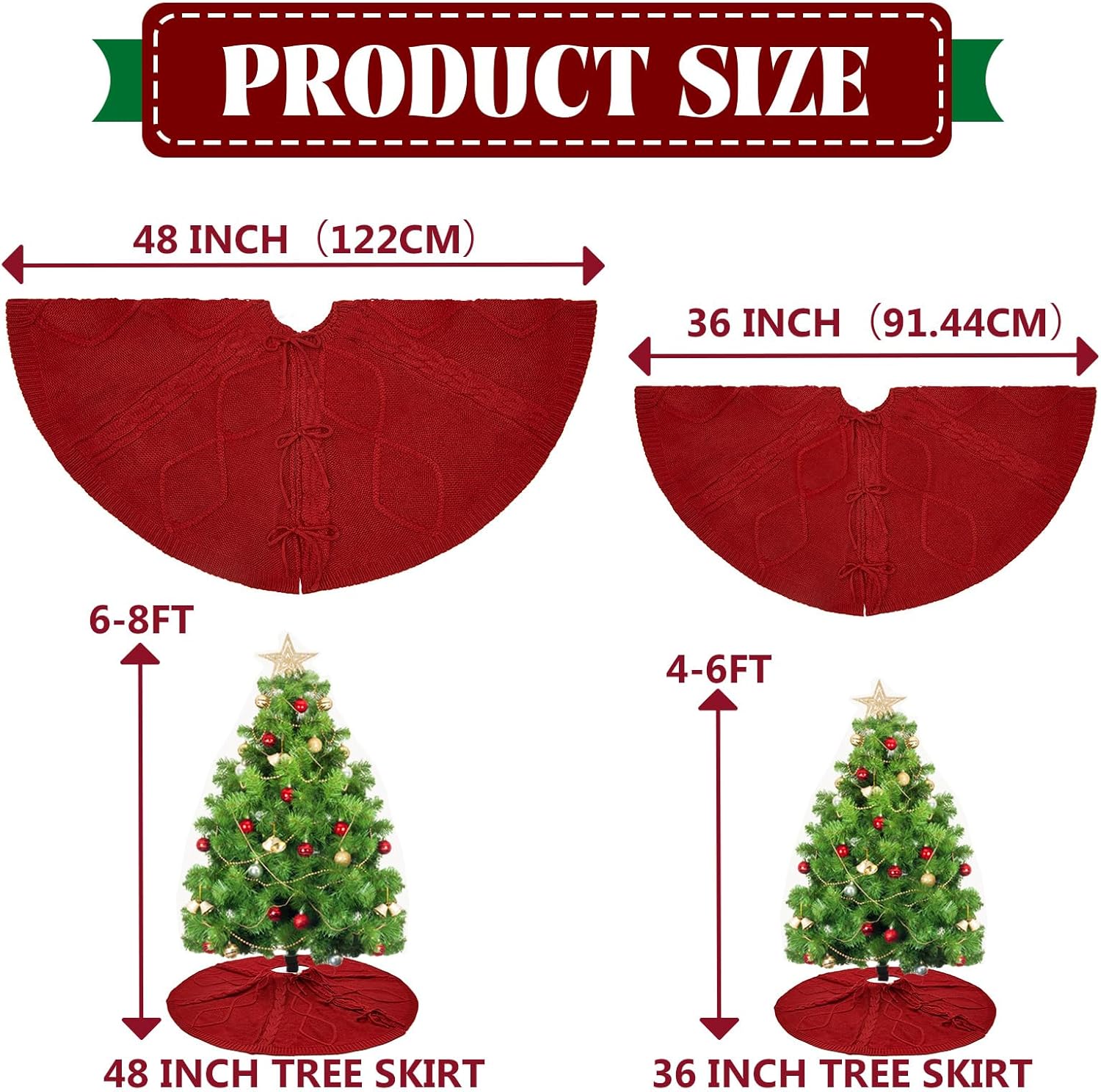 48 Inches red Knitted Christmas Tree Skirt: Thick Cable Knit Round Tree Skirt for 6-8ft Tree Rustic Neutral Farmhouse Neutral Christmas Decor Tree Base Cover Xmas Home Decorations