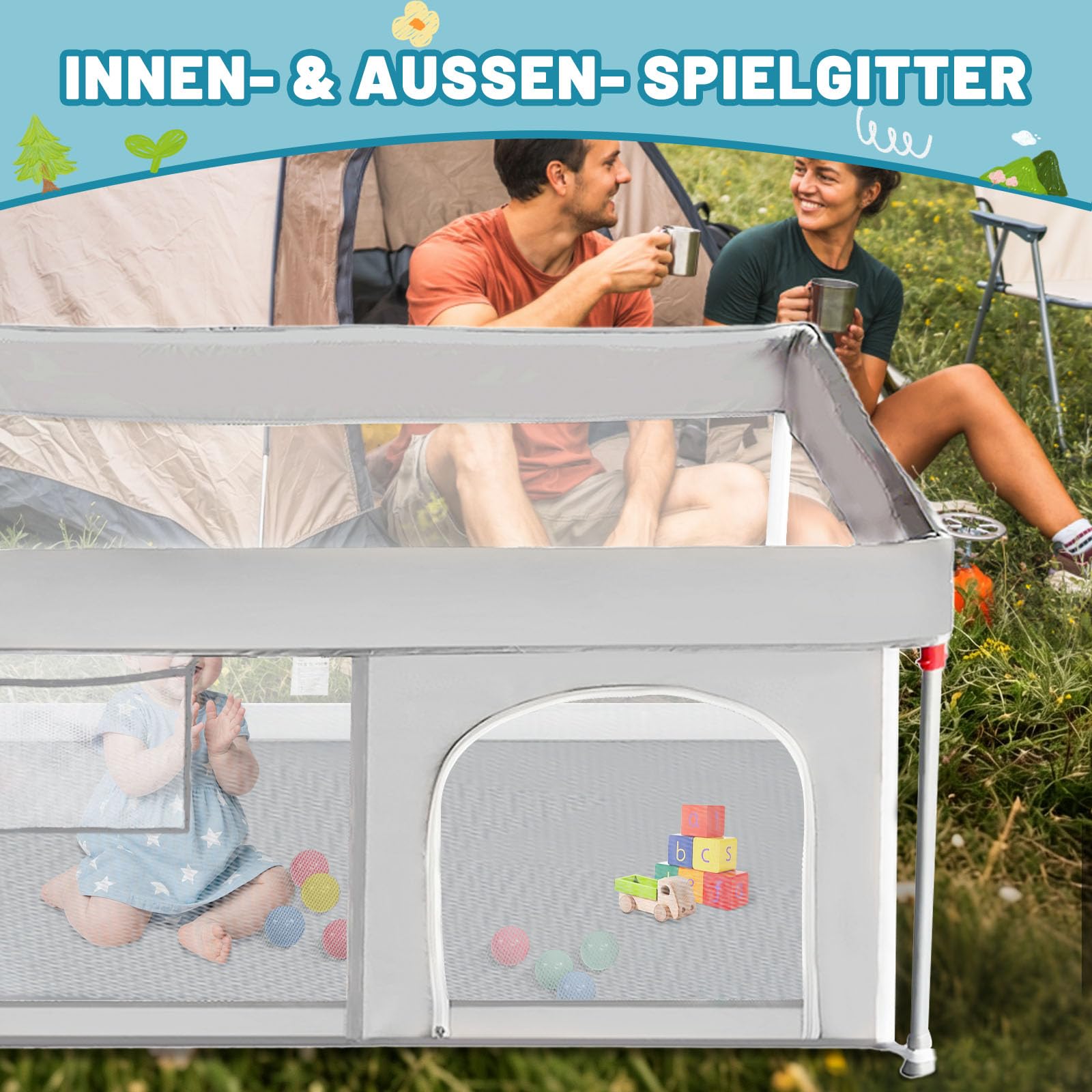 Parc pour bébé pliable avec tapis, 127 x 127 cm | Pare-bébé avec filet respirant et sac de transport, clôture pour enfants pour l'intérieur et l'extérieur