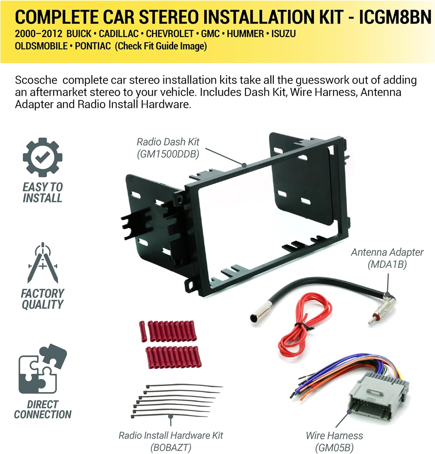 Scosche ICGM8BN Double DIN Radio Installation Dash Kit Compatible with Select 2000-2012 General Motors Vehicles - Complete Basic Aftermarket Car Stereo Install Kit- See Fit Guide Image for Vehicles