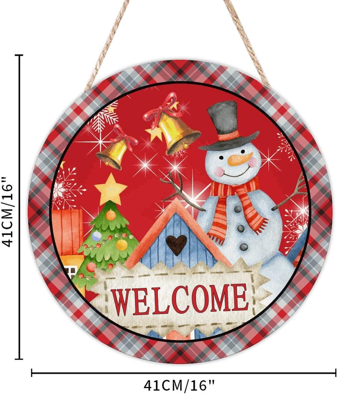 Snowman Welcome Wood Door Sign, Winter Front Door Round Welcome Wood Sign, 16x16in Merry Christmas Welcome Wall Door Hanging Sign for Outdoor Front Porch Farmhouse Front Door Decor