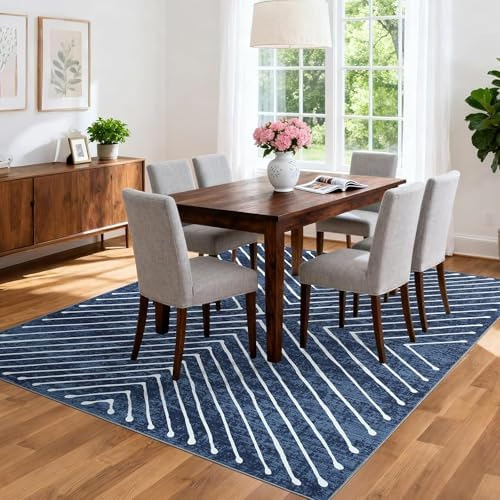 Tapis de salle à manger moderne géométrique bleu blanc 180x270