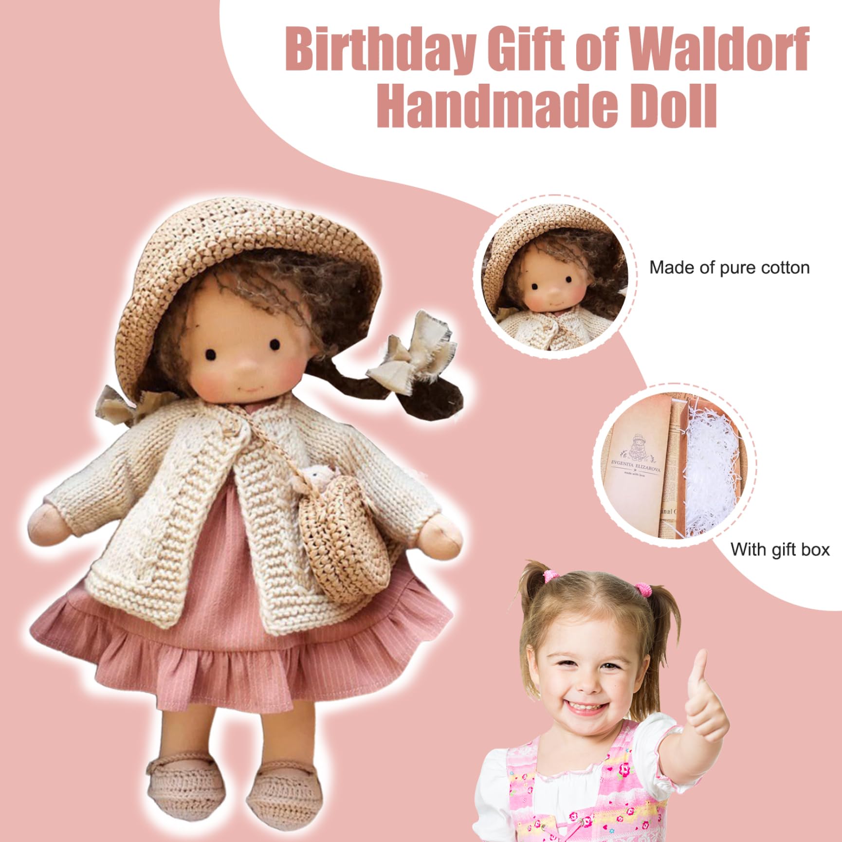 Poupée de chiffon avec boîte 11x2x5 Ragdoll avec chapeau, sac, chaussures et plus de décoration Jouets poupée en peluche mignons pour bébés et tout-petits Idéal anniversaire Noël, poupées migno