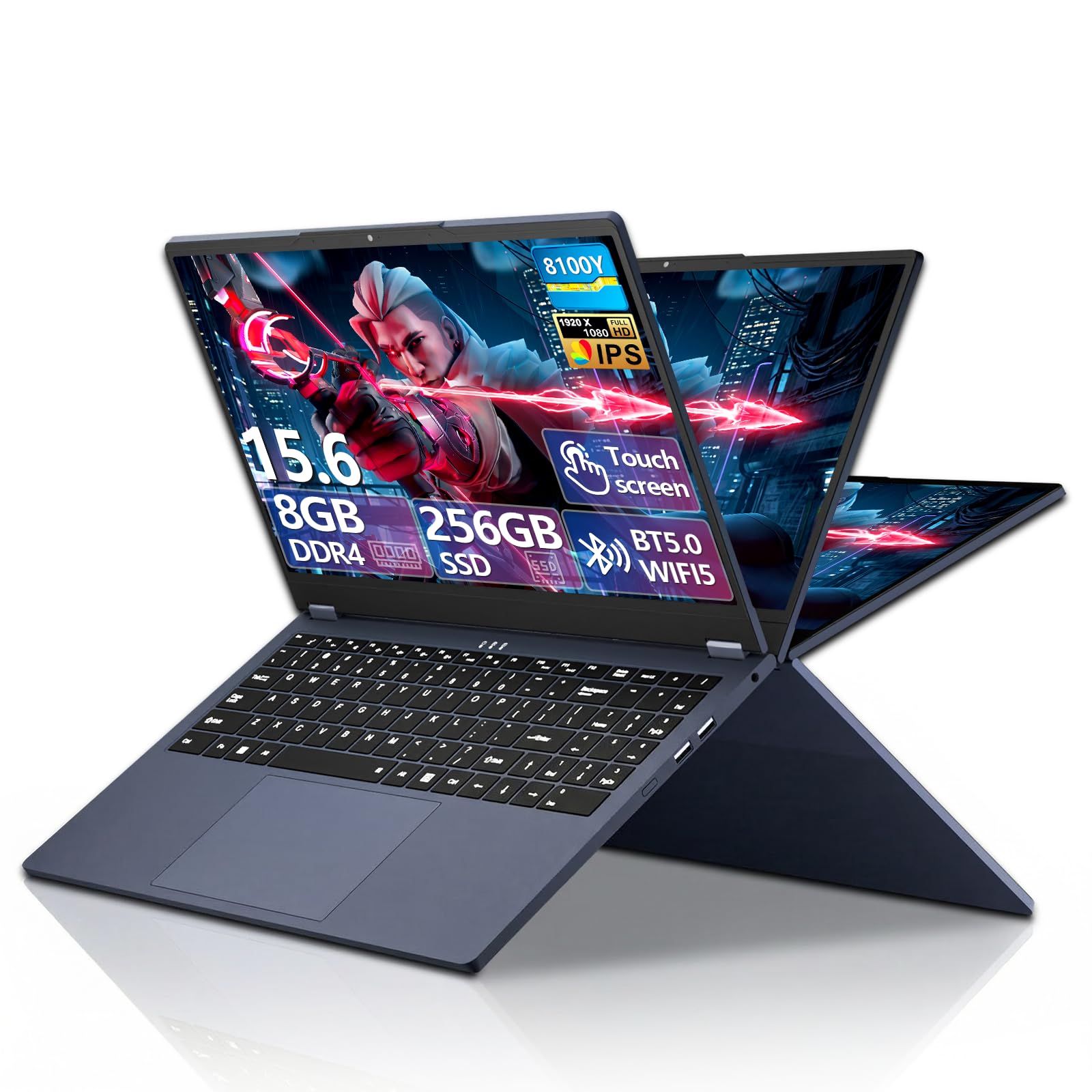 15,6 pollici 2 in 1 Portatile PC, Core 8100Y (fino a 3,40 GHz), Notebook PC 8 GB RAM SSD 256 GB, Computer Portatile con Type-C, USB 3.0, Mini HDMI, BT5.0, tastierino numerico, Office 365 Laptop