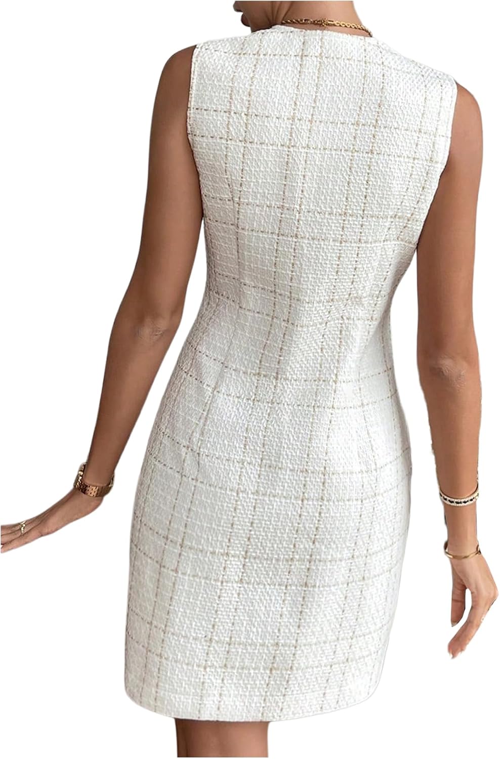SOLY HUX Women's Plaid Tweed Dress Button Down Crew Neck Sleeveless Work Office Mini Dresses - Image 3