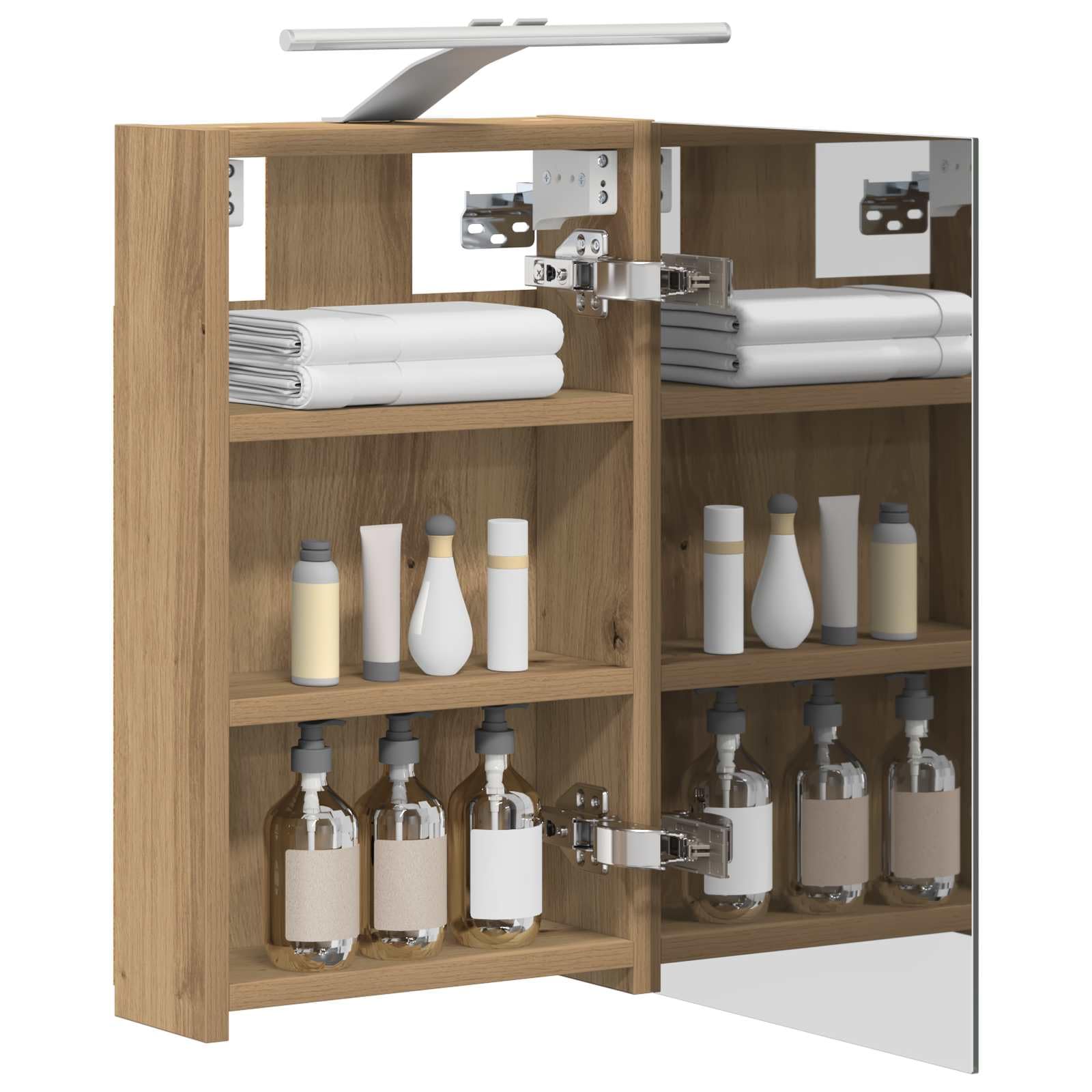 Armadietto da bagno a specchio artigianale in legno di rovere, montaggio a parete, scaffale, organizer per mobili da bagno e lavabo, 30 x 10,5 x 50 cm, strisce LED, interni