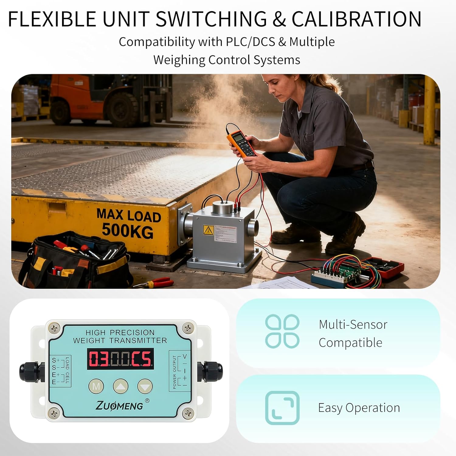 Industrial Load Cell Amplifier Transmitter, Supports Unit Switching, 4-20mA/0-10V Signal Conversion, 1–99 Adjustable Filtering, Ideal for Scales & Automation