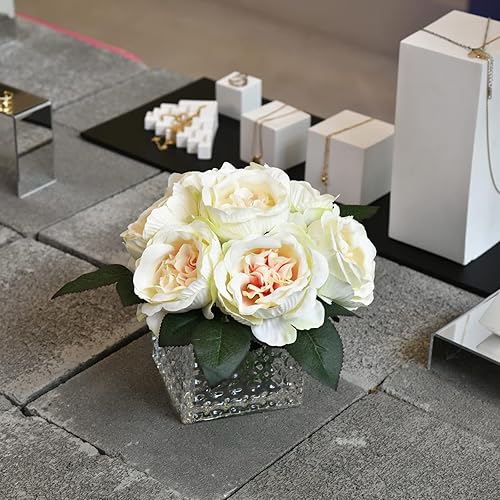 Miniatura 5 de Centros de mesa artificiales de seda de peonía artificial en jarrón de vidrio para decoración de mesa de boda del hogar (champán)