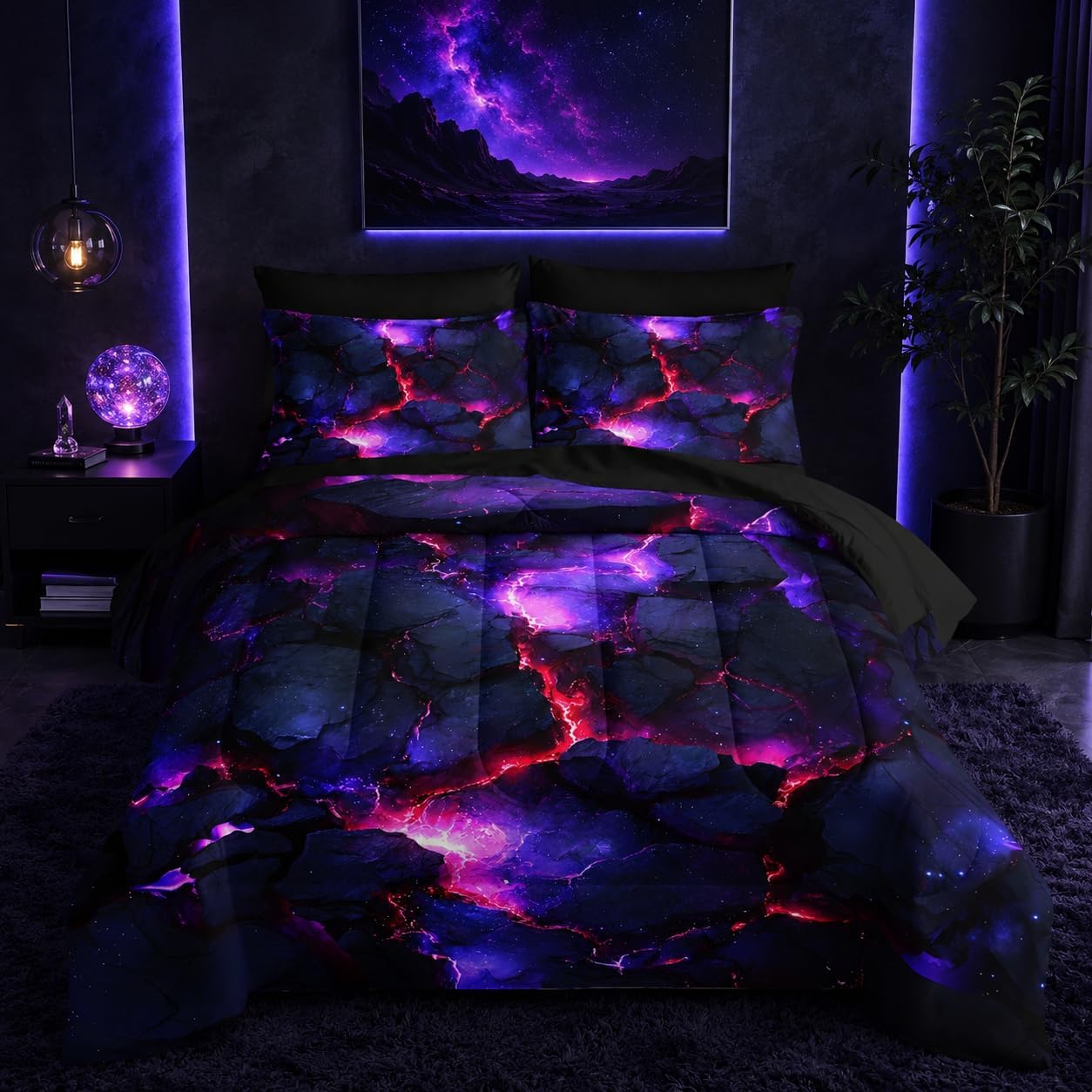 Nttopship Purple and Black Comforter Set Twin Size Bed in A Bag,Purple Marble Crack Bedding Set 7PCS,Rock Lava Marble Mordern Room Decor All Seasons with Pillowcases,Flat, Fitted Sheet