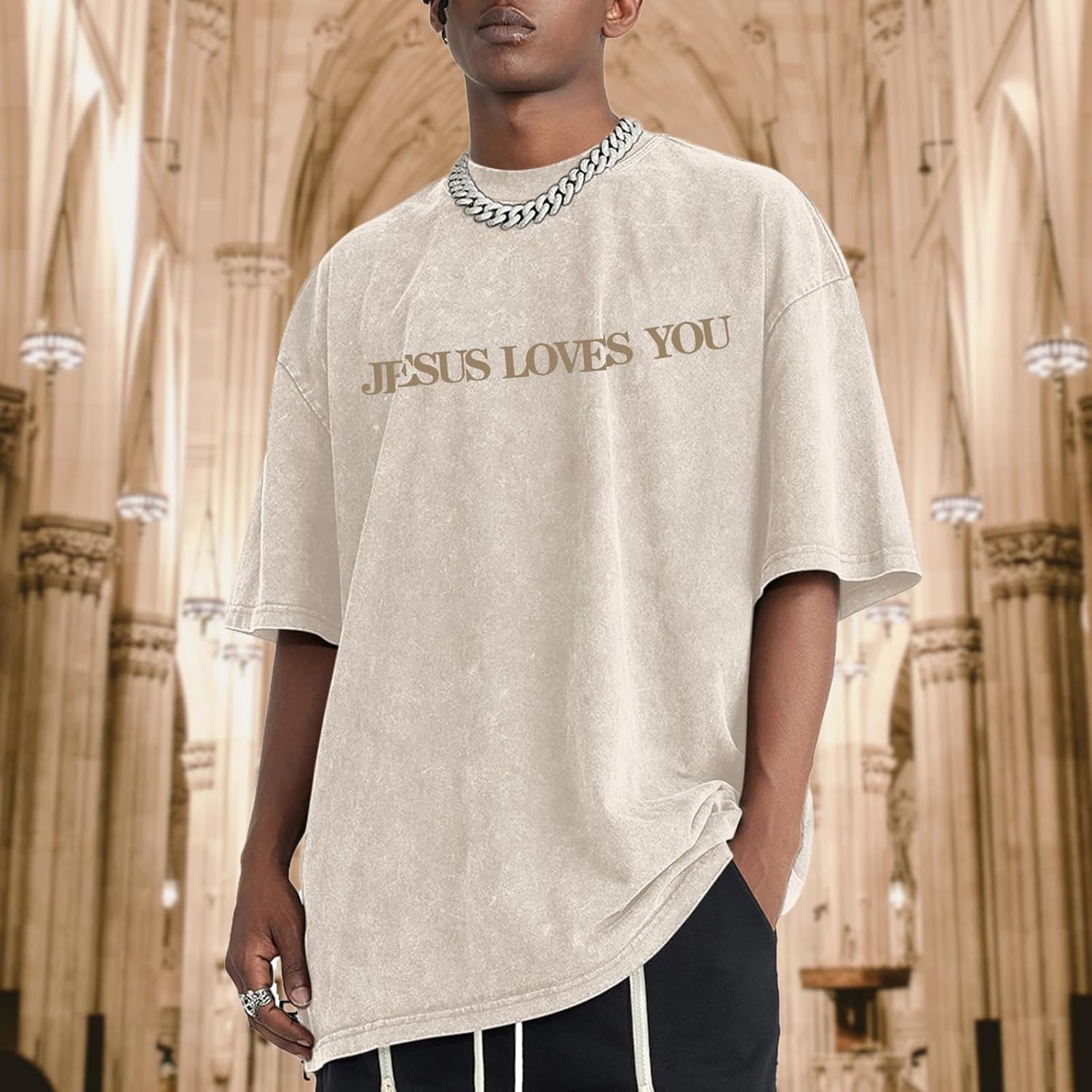 Christian Jesus Loves You Shirts for Men Religious Oversized Graphic Tees Jesus Faith Acid Wash T Shirt God Top - Image 2