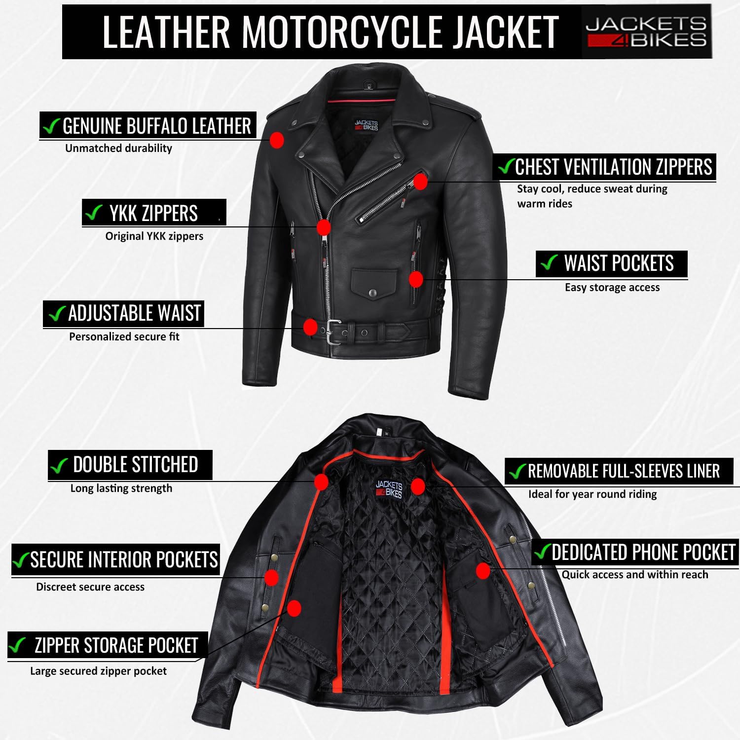 ICONIC Motorcycle Jacket for Men, Premium Buffalo Leather, Insulated Liner, Classic Side Laces, Cruiser Biker Black M - Image 5