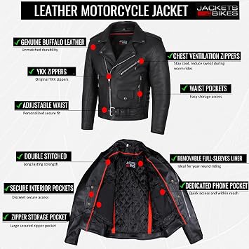 ICONIC Motorcycle Jacket for Men, Premium Buffalo Leather, Insulated Liner, Classic Side Laces, Cruiser Biker Black S