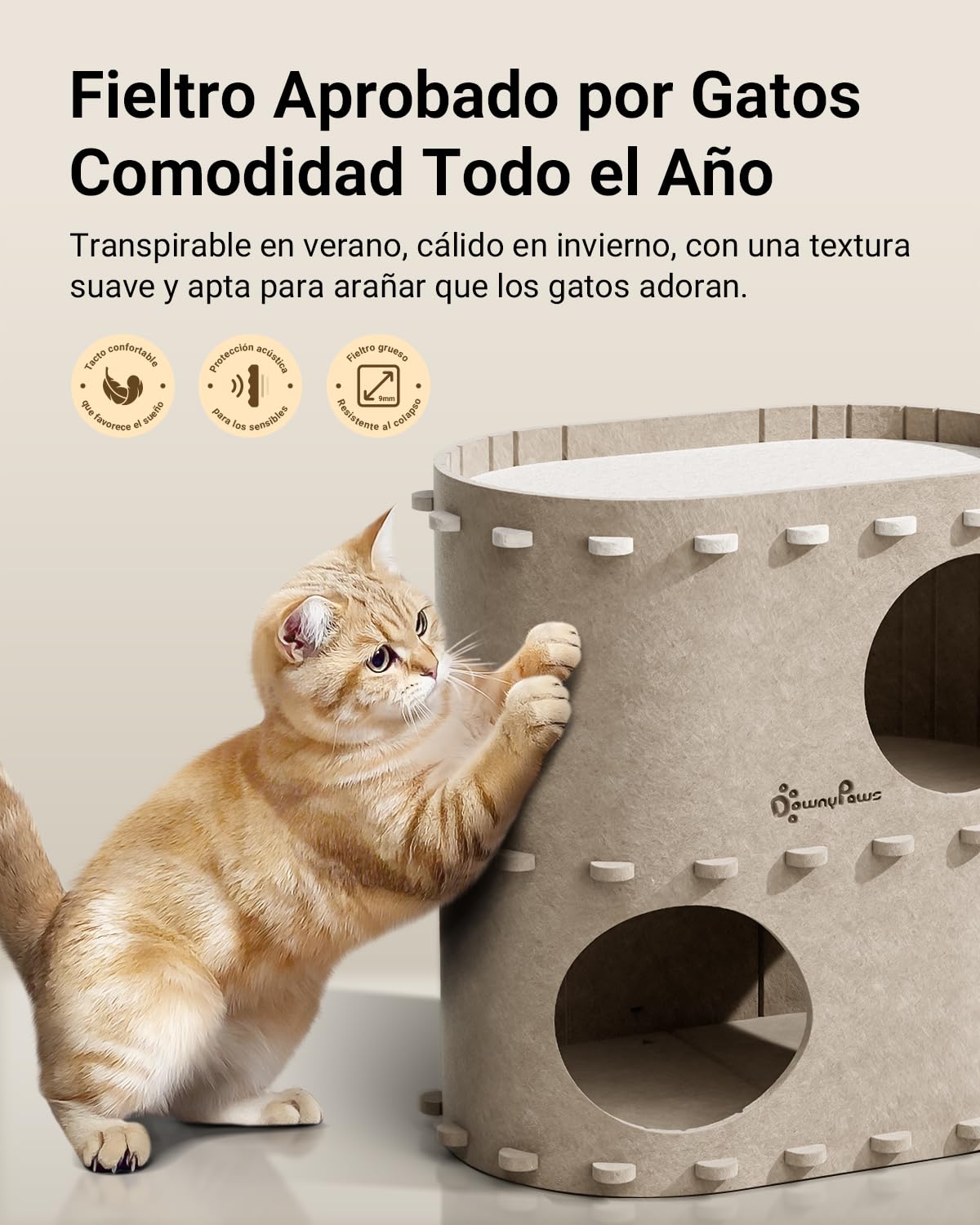 DownyPaws Cama para Gatos de Felpa, 2 Pisos Casa Gato 50x33x50 cm, Castillo de Juego, Diseño Acogedor, Protector de Uñas, Beige