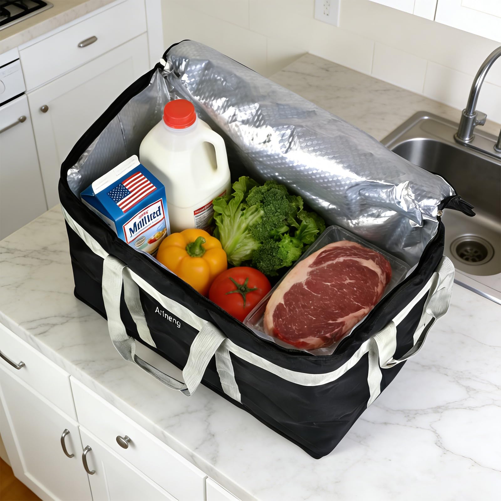 Food Delivery Isolierte Tasche, isolierte Tasche für kalte Mahlzeiten, integrierte Bodenplatte, auslaufsicher, für heiße und kalte Speisen, kommerzielle Gastronomie, Transport – 58,4 x 35,6 x