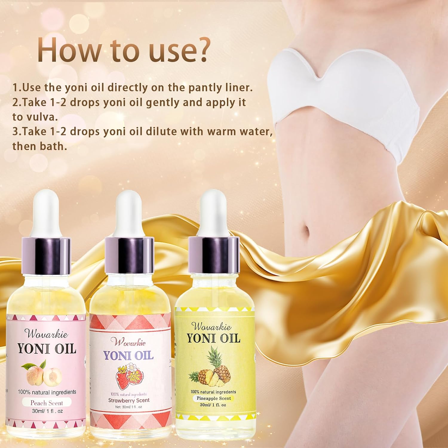 Wovarkie 3PCS Yoni Oil for Women pH Balance, Feminine Deodorant Vaginal Moisturizer, Feminine Care All Natural Yoni Oil(Strawberry Peach Pineapple)