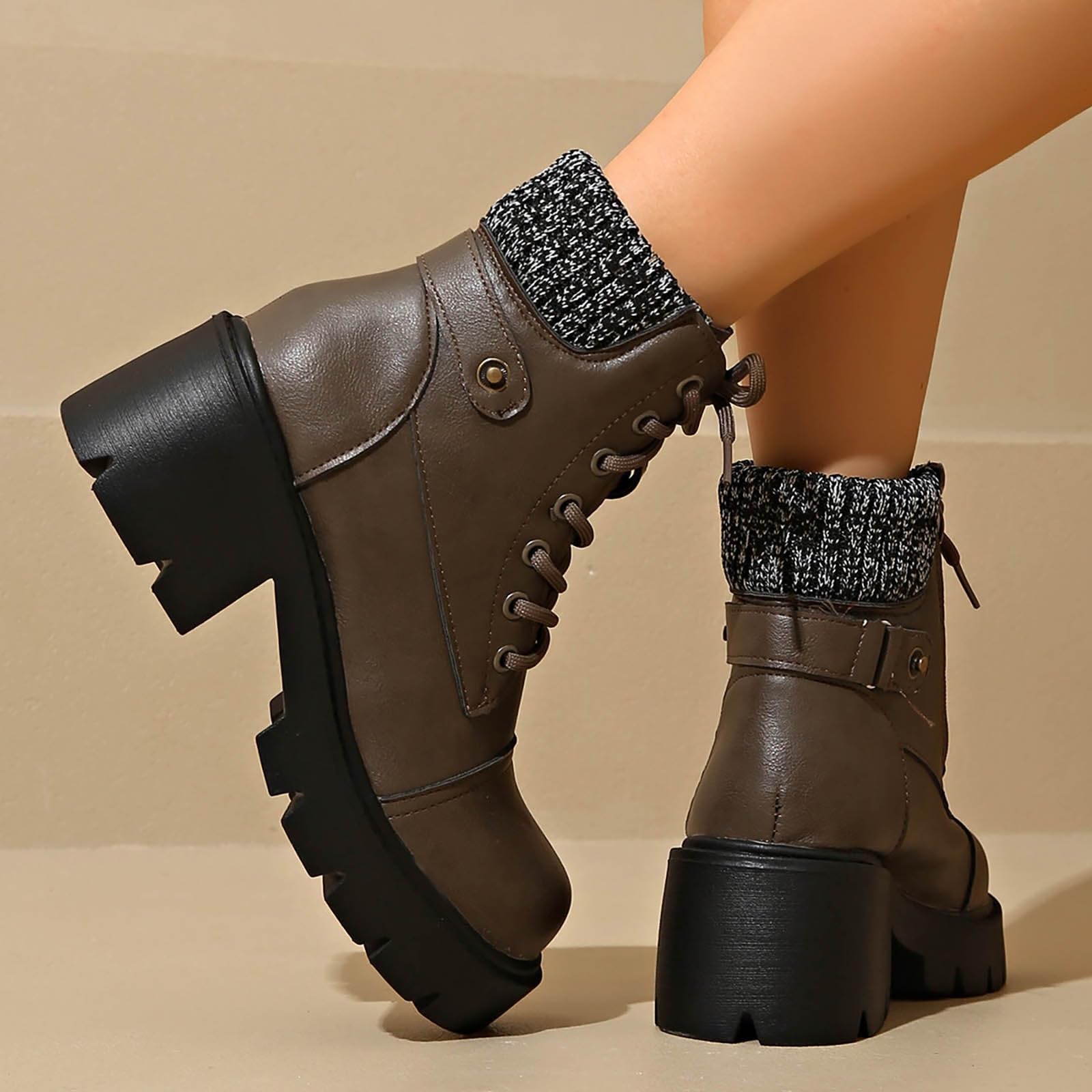 Genérico Botines Mujer Vestir con Cordones Plataforma Botas Punta Redonda Elegantes Zapatos Comodas Ligeros Caminar Bota Informales Antideslizantes Botin para Otoño Invierno Días Fríos y Uso Diario
