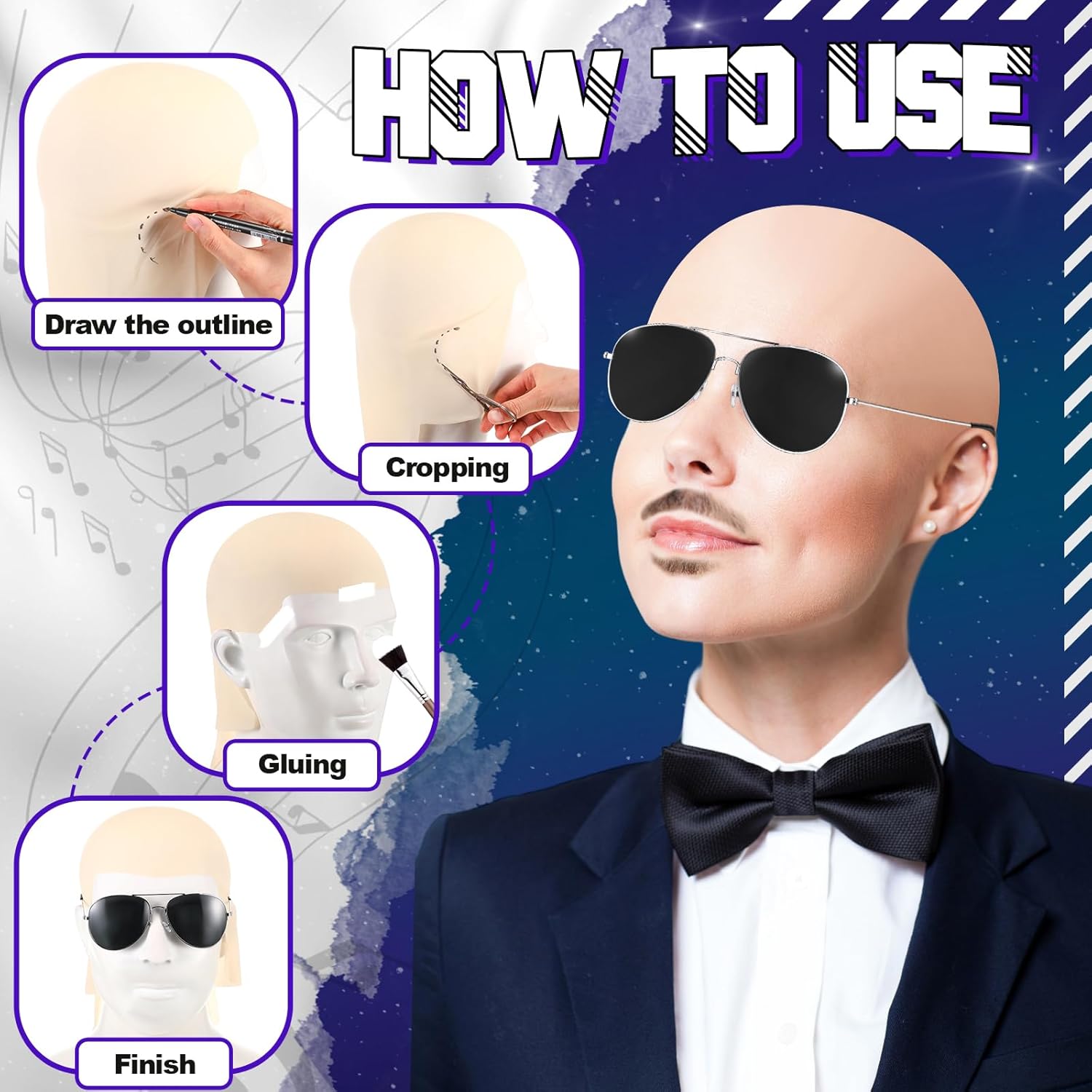 Mepase 6 Pcs Halloween Bald Cap with Glasses Bald Head Wig Cap Party Costume Accessories for Adults Women Men Cosplay(Smooth) - Image 4