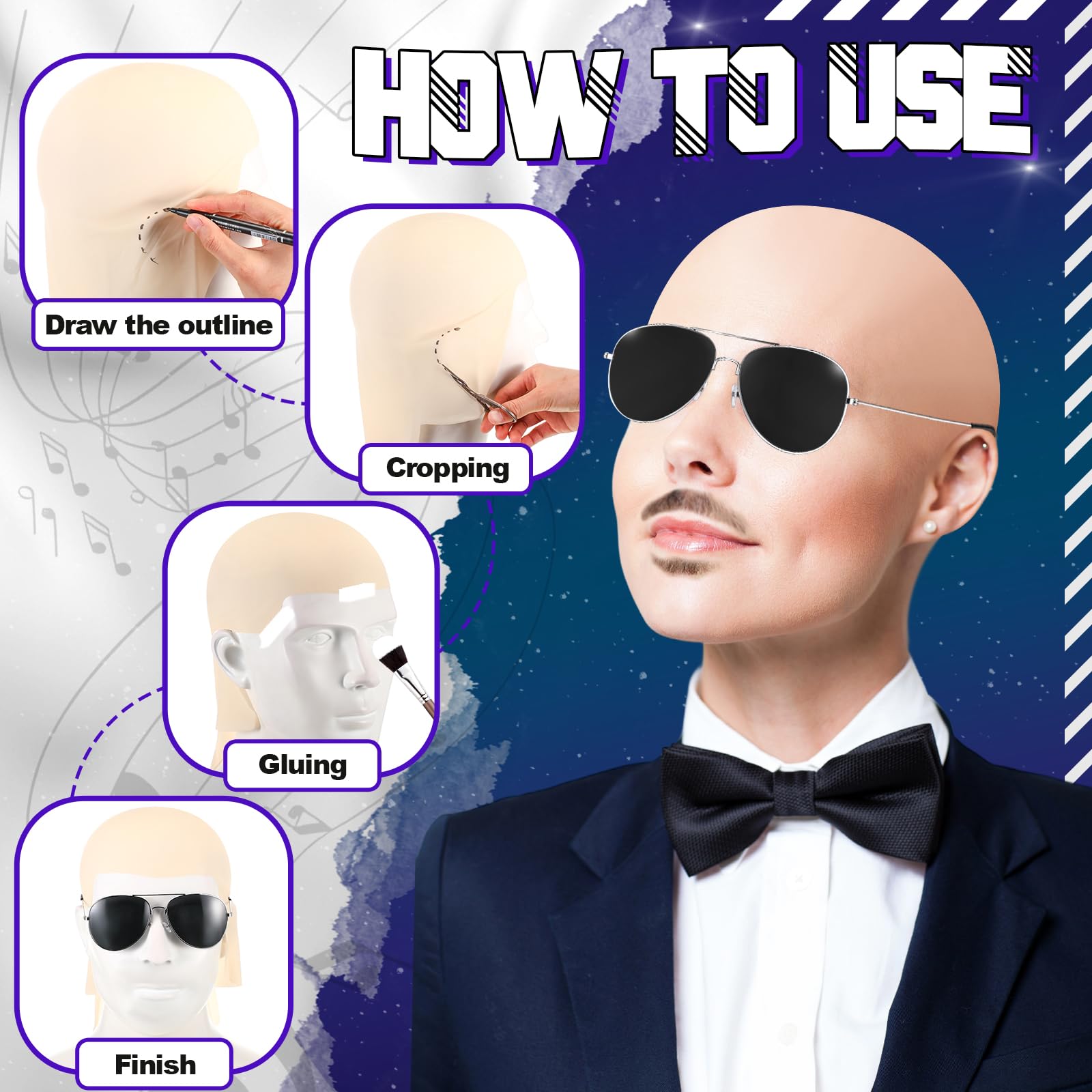 Sinmoe 6 Pezzi Parrucca Pelata Bald Caps Pelata Finta con Occhiali Cuffia per Parrucca Accessori per Costumi per Halloween e Cosplay per Adulti, Donne e Uomini