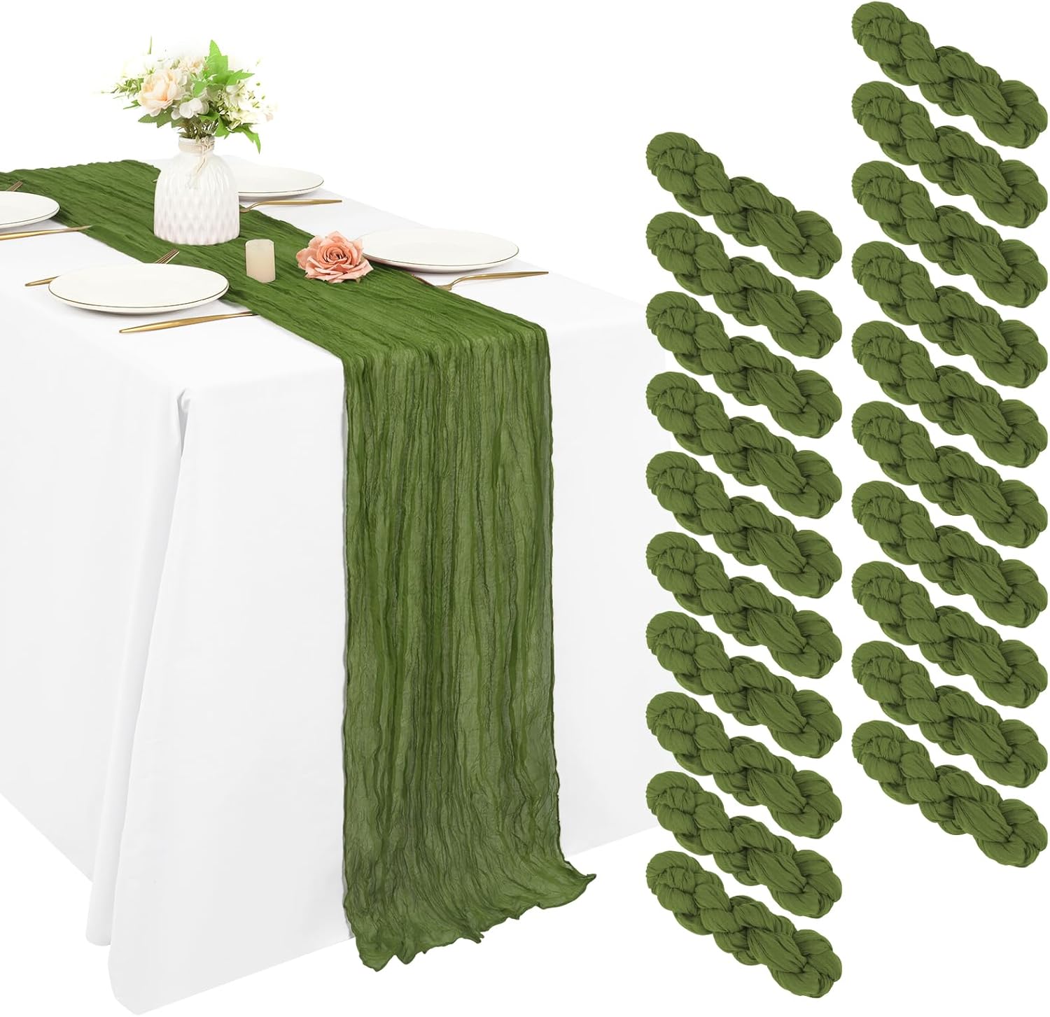 20 Pack Cheesecloth Table Runner 20 x 120 inch Long Boho Gauze Table Runners 10FT Semi Sheer Table Runner for Wedding Decor, Baby Shower, Birthday Party, Banquet (Olive Green)