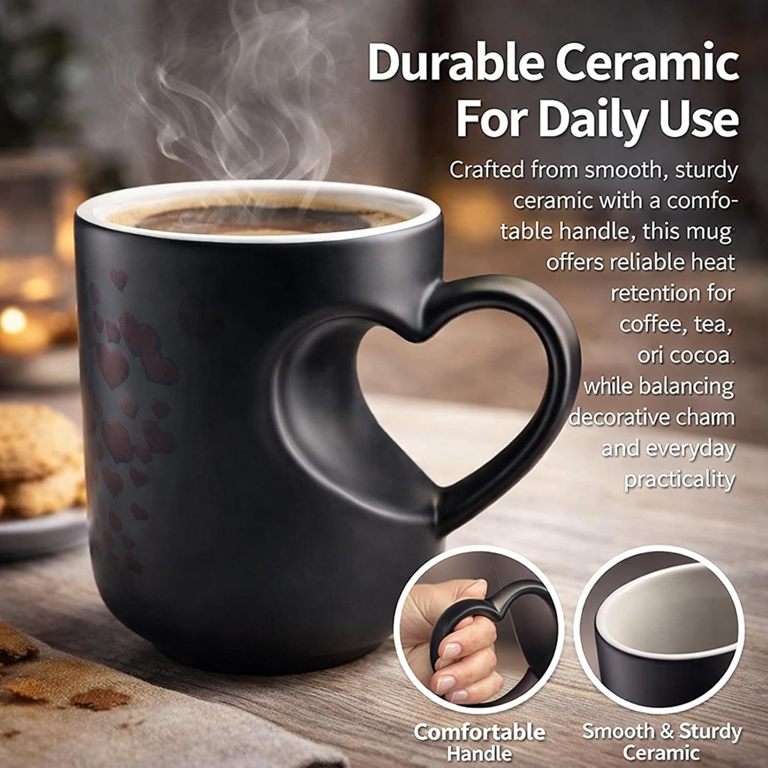 Heart-Shaped Color Changing Magic Ceramic Mug, Thermochromic Heat Reveal Design, 11 oz Heart Handle Coffee Cup for Hot Drinks, Romantic Gift for Valentine’s Day, Anniversary & Couples (Red) - Image 5