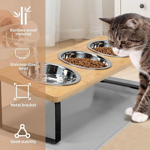 Foto 4 de 7 de Cuencos elevados de comida para gatos inclinados de 15° de acero inoxidable con soporte de madera