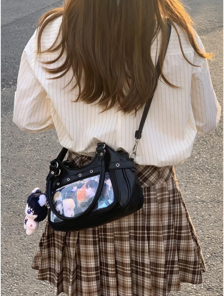 Anime Ita Bag PU Leather Shoulder Bag with Display Window, Studded Handbag with Adjustable Strap